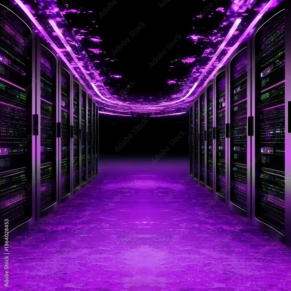 Poster a futuristic data center corridor illuminated in purple, featuring rows of servers against a dark ba