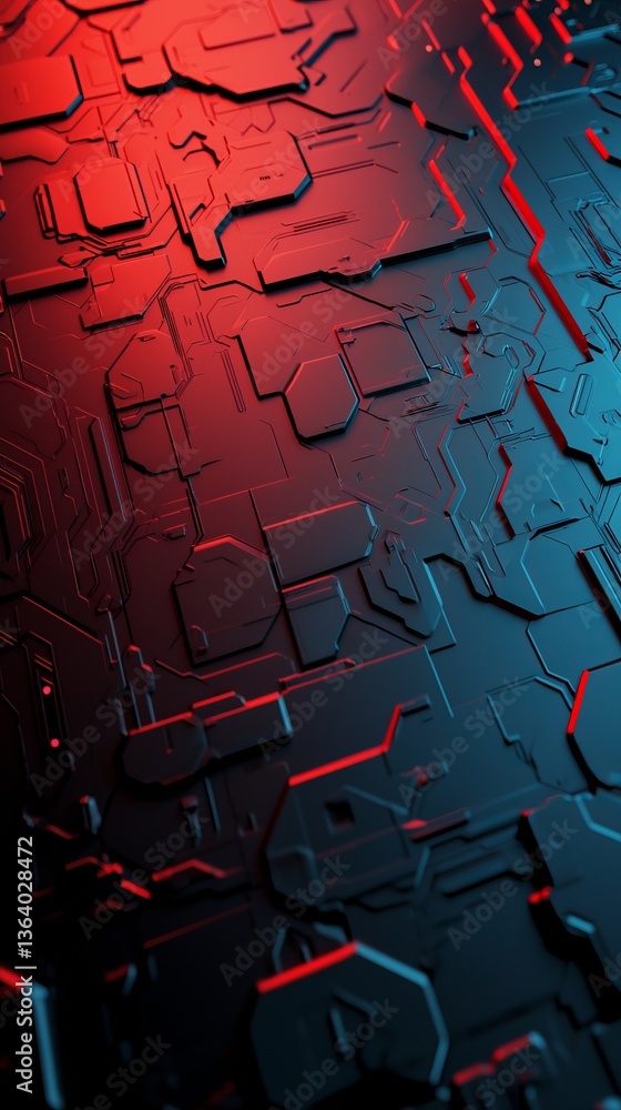 Poster a close-up view of a textured, illuminated surface resembling circuit board patterns, featuring a bl