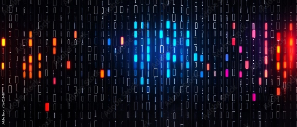 Poster abstract digital pattern featuring vibrant colored bars against a dark background, representing data