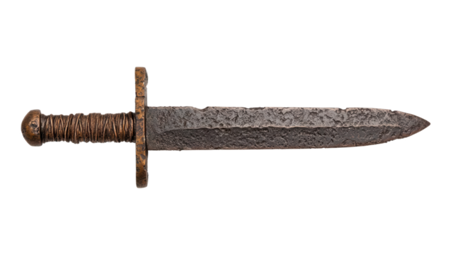 Ancient Steel: A detailed studio shot showcasing a weathered, antique steel sword, a testament to eras of conflict and craftsmanship.