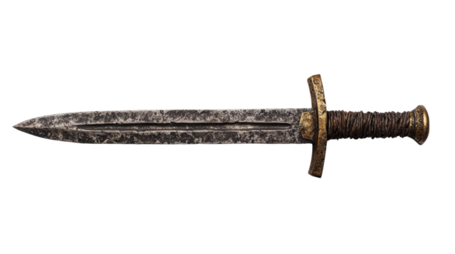Ancient Blade: A close-up shot reveals the intricate details of an antique sword, its aged blade bearing the marks of time. The hilt, wrapped in leather, tells a story of battles and history.