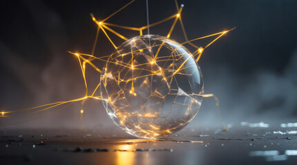 Illuminated glass sphere with intricate golden web, suspended in a smoky atmosphere. A futuristic design with a technological ambiance.