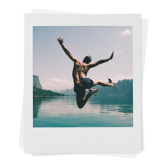 Carefree man png sticker, jumping by the lake, travel instant photo, transparent background