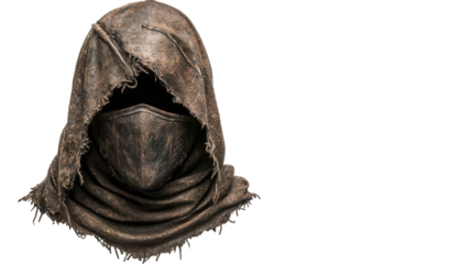 Mysterious Masked Hood: A weathered, textured hood with a matching face mask, exuding an aura of enigma and concealment. Capturing a sense of vintage craftsmanship and dramatic lighting.