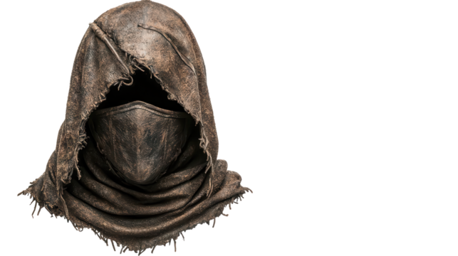 Mysterious Masked Hood: A weathered, textured hood with a matching face mask, exuding an aura of enigma and concealment. Capturing a sense of vintage craftsmanship and dramatic lighting.