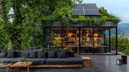 Cozy wooden cabin nestled in the serene countryside  surrounded by lush trees and offering panoramic mountain views  The cabin features an inviting outdoor patio area with comfortable furniture