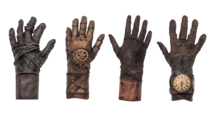 Steampunk Hands: Intricate steampunk-inspired gloves with detailed textures and vintage elements, showcasing a blend of craftsmanship, innovation, and retro-futuristic aesthetics. 