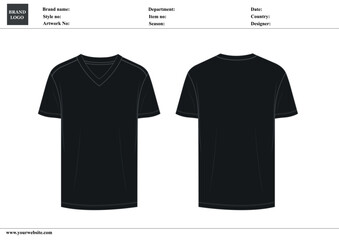 V-neck t shirt vector illustration black color template front and back with tech pack details