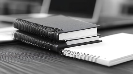 Two spiral notebooks and a laptop on a desk.