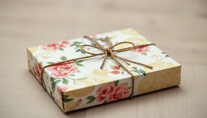 Gift box, floral design, tied with twine