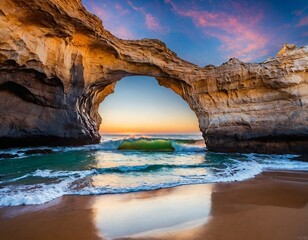 Stunning Coastal Arch at Sunset With Ocean Waves and Reflective Sand Shoreline