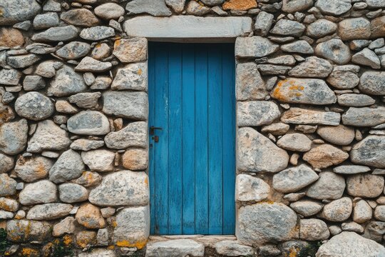 Detailed Visual  of Stone Wall with Blue Door