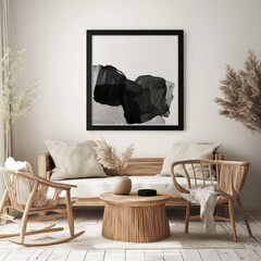 Monochrome abstract art print in minimalist living room.