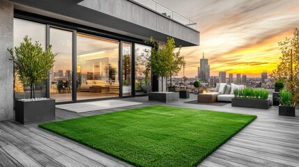 Luxurious rooftop terrace or balcony with lush greenery modern furniture and breathtaking views of the city skyline at sunset  A peaceful and serene outdoor living space in an urban setting