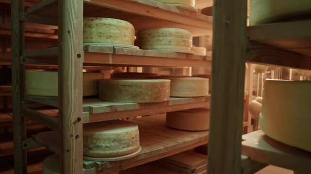 Shelves filled with cheese wheels in storage chamber