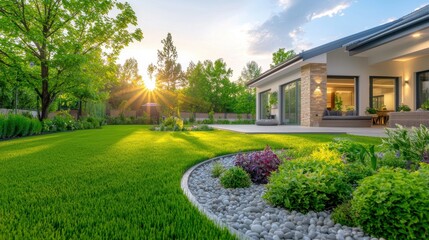 Fototapeta premium Gorgeous modern home surrounded by flourishing trees and well manicured lawn with a charming stone pathway leading through the verdant backyard garden basking in the warm glow of the setting sun