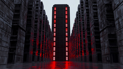 Futuristic brutalist skyscrapers with red lights in dystopian sci-fi cityscape under moody overcast sky.
