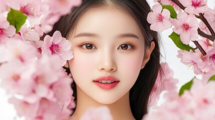 Fototapeta premium Portrait of a young woman surrounded by pink cherry blossoms