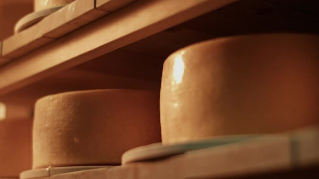 Montasio cheese placed on wooden shelves in storage room