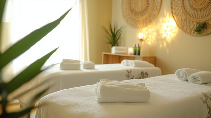Serene Wellness Center with Soft Lighting and Clean White Linens, Evoking Tranquility and Relaxation