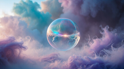 Ethereal sphere surrounded by wispy clouds, with a celestial glow emanating from within, creating a dreamy and otherworldly atmosphere.