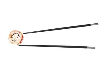 Tasty flying sushi roll and chopsticks on white background