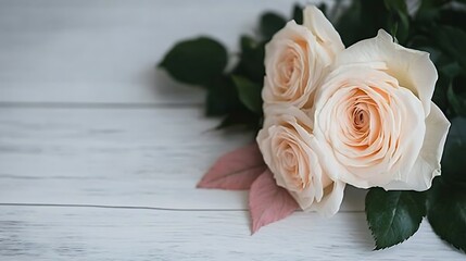 Naklejka premium Delicate light peach roses with green leaves arranged elegantly on wood