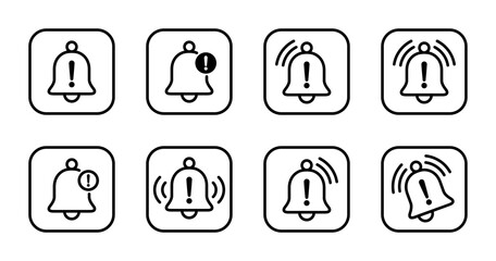 Warning alarm bell icon set collection on square line