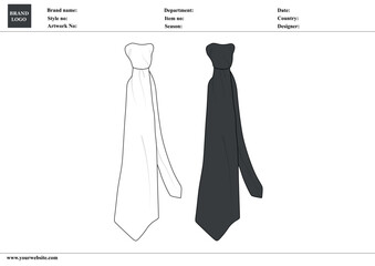 Tie design technical drawing fashion flat sketch vector  illustration white and black Color  template 