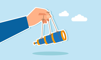 A hand manipulates a telescope using strings attached to fingers and the telescope, illustration of evaluation and monitoring
