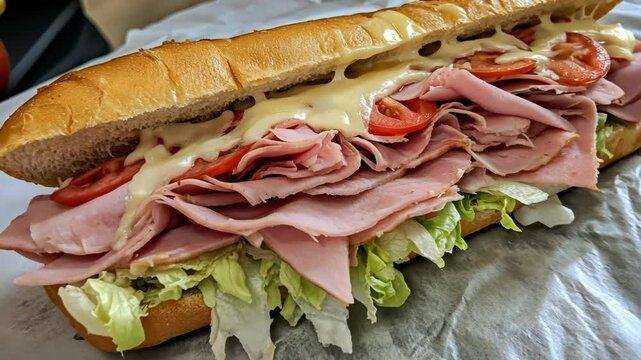 Delicious sub sandwich loaded with ham, fresh vegetables, and cheese in a cozy deli setting