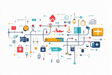 Medical infographic network, connecting healthcare components, showing complex system
