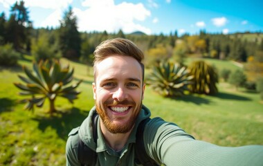 smiling selfie tourist with a beautiful view background, close up portrait selfie man
