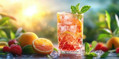 Refreshing fruit cocktail garnished with mint and surrounded by fresh fruits in a vibrant outdoor setting at sunset