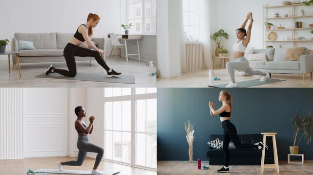Four athletic individuals perform different fitness activities indoors, showcasing their dedication to a healthy lifestyle. The home environment features modern decor and ample natural light.