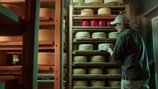 Man in cap flipping over old cheese in storage room