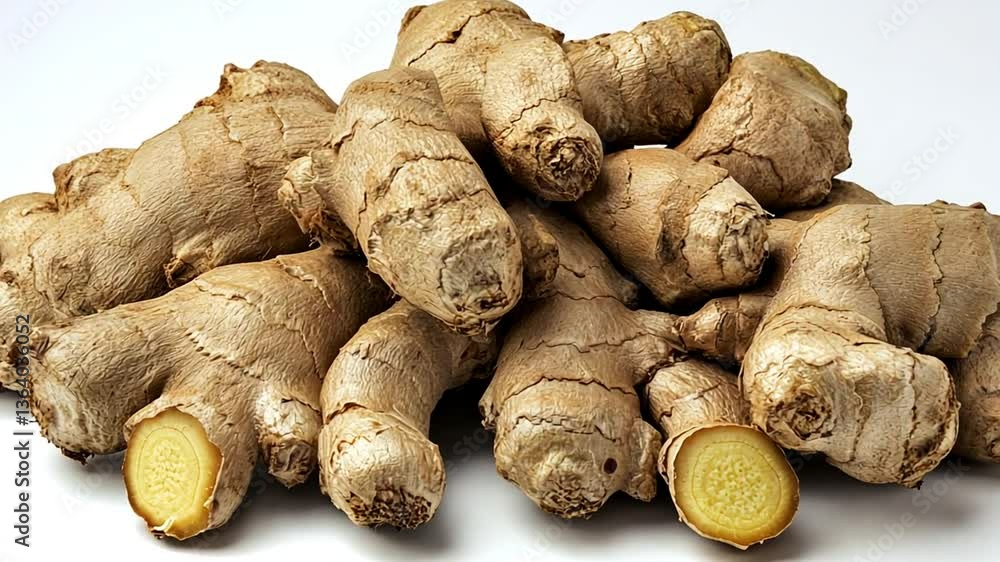 Poster fresh ginger root rhizome displayed on white background generative ai