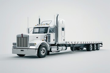 High Detail Picture of a White Truck with a Flat Bed Trailer