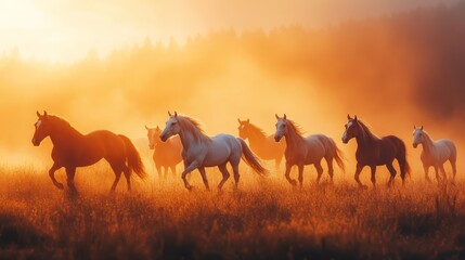 Obraz premium Horses Running Sunrise Misty Meadow Sunset Landscape
