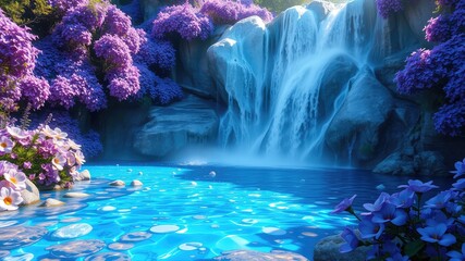Waterfall in the forest, Enchanting Waterfall with Vibrant Flowers and Crystal-Clear Pool