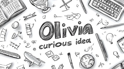 School Doodle Collage with Olivia Curious Idea, A black and white doodle collage featuring various school-related items such as a globe