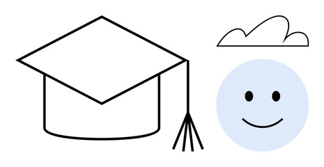 Graduation cap with tassel, smiling face, and cloud highlight achievement, optimism, and potential. Ideal for education, career, milestones learning motivation happiness goals. Flat simple