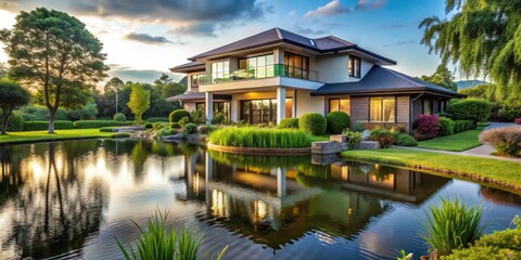 Fototapeta premium Modern suburban home with lush greenery and serene pond