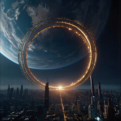 A massive ring structure orbiting the Earth, so large that its curvature dominates the sky.
