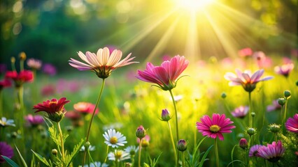 Fototapeta premium Vibrant petals unfolding in a lush green meadow, surrounded by delicate stems and soft sunlight filtering through the atmosphere, creating an idyllic scene, garden scene, nature backdrop
