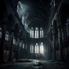 Fototapeta premium A gargantuan abandoned cathedral, its towering domes piercing through the misty clouds.
