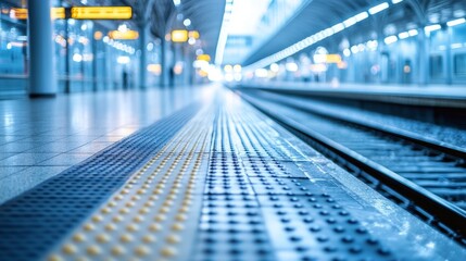 Naklejka premium Modern train station interior with soft lighting and an empty platform, evoking a sense of calm and anticipation. 