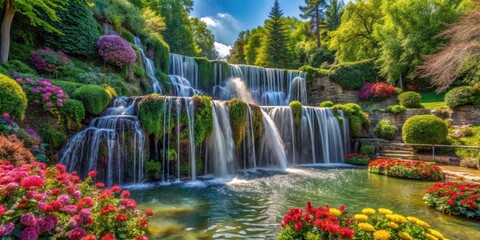 Waterfall in Tivoli park surrounded by lush greenery and vibrant flowers, waterfall, green