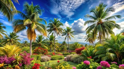 Fototapeta premium Dense tropical foliage with vibrant flowers and greenery under a bright blue sky