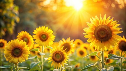 Obraz premium Sunflowers Backlit in Soft Morning Light, sunny day, garden scene, sunny day